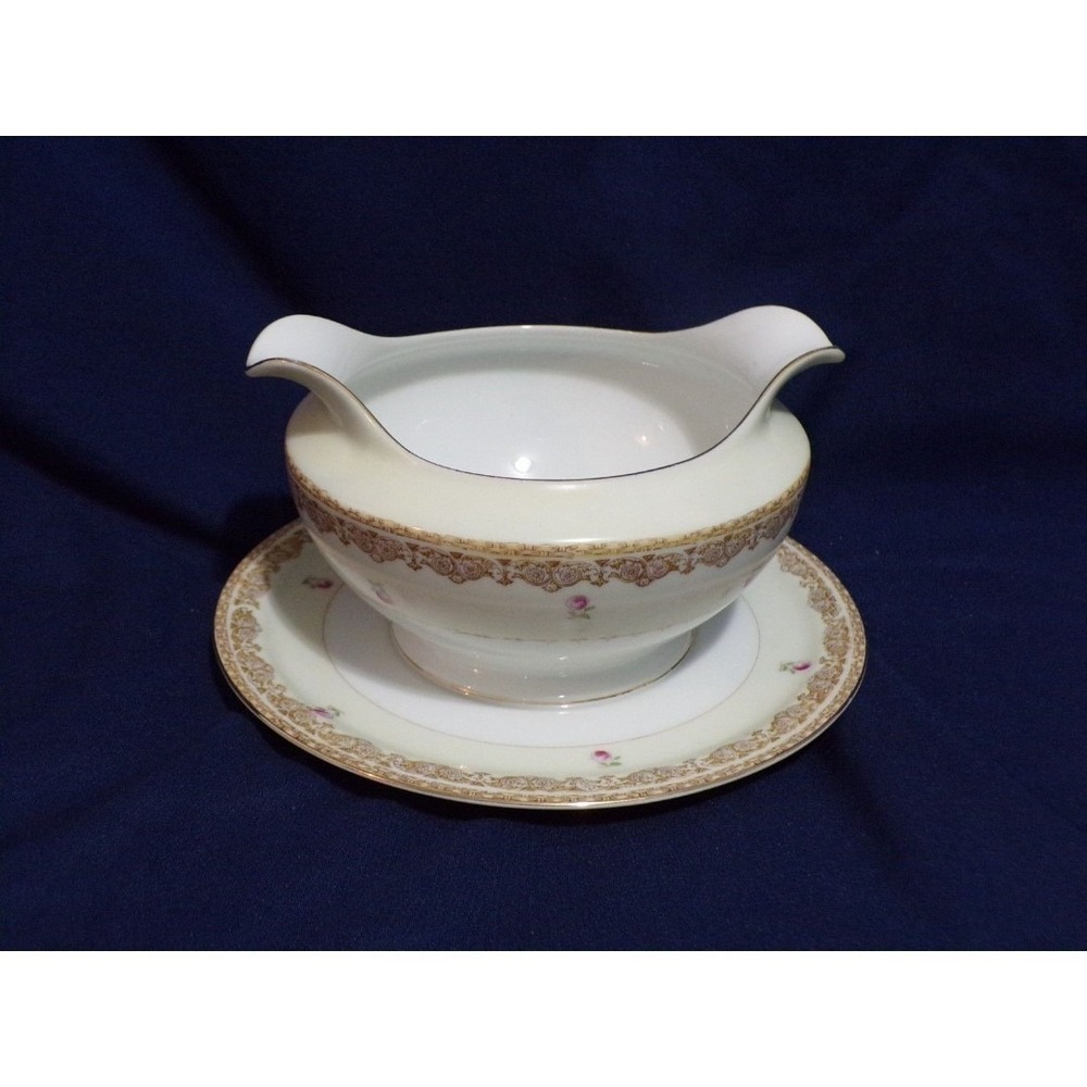Meito China Set 1940s Gold Rimmed Floral design Hand Painted Gravy w/Underplate